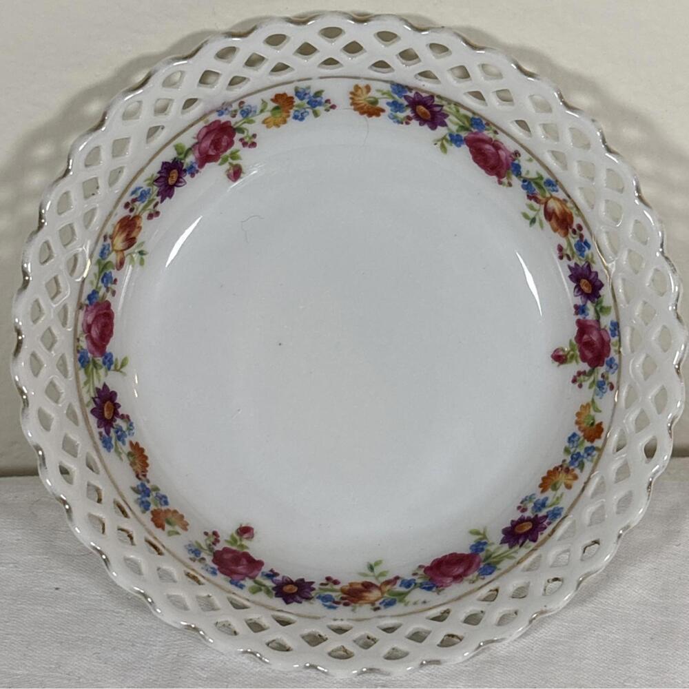 Schumann Bavaria Pierced Rim Floral Dish 5” Reticulated Vintage Germany